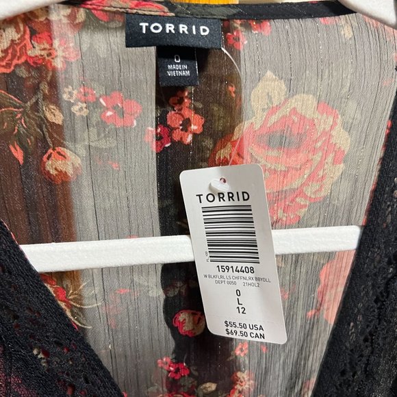 Torrid Top Blouse Black SemiSheer Red Rose Babydoll Chiffon Floral Size 0 L NWT - Picture 6 of 7